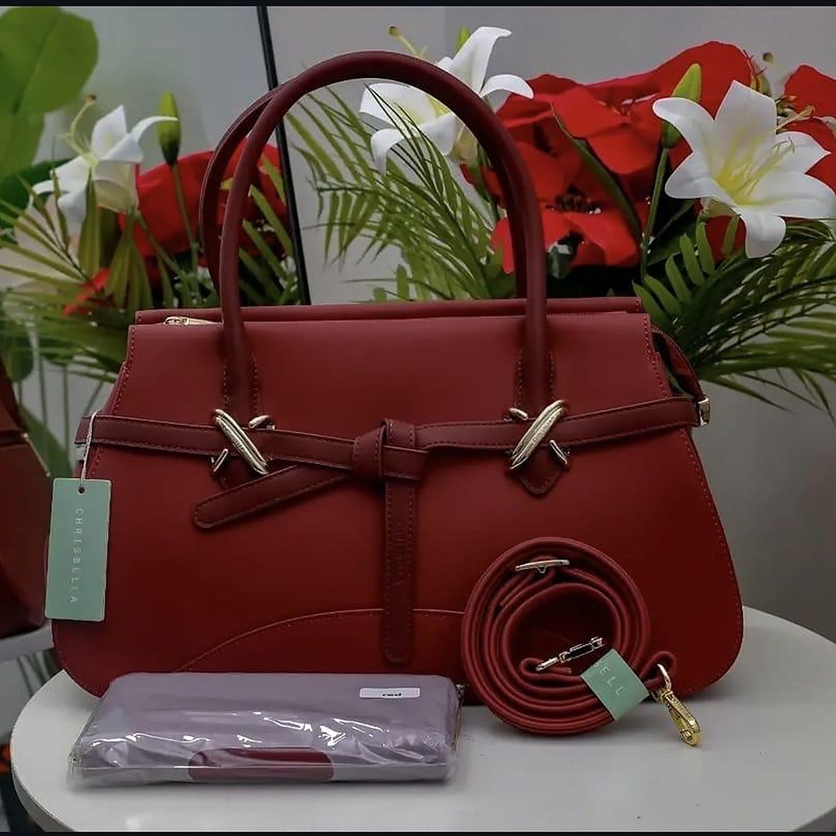 Red Belted Satchel — 3 Piece Set - Bag Avenue